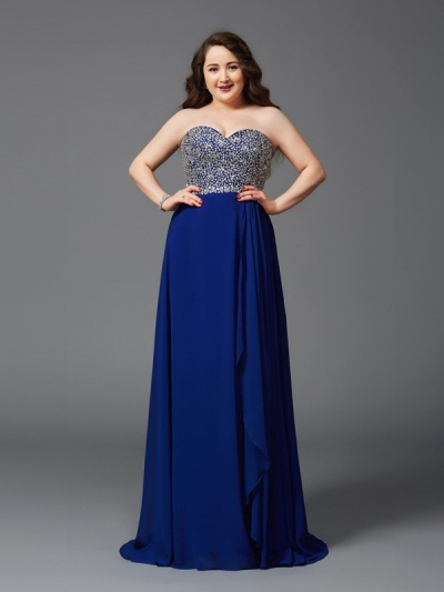 A-Line/Princess Sweetheart Rhinestone Sleeveless Long Chiffon Plus Size Dresses [60213]