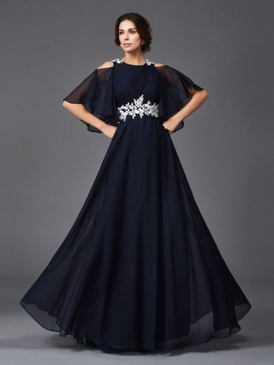 A-Line/Princess Straps Applique 1/2 Sleeves Long Chiffon Mother of the Bride Dresses [60484]