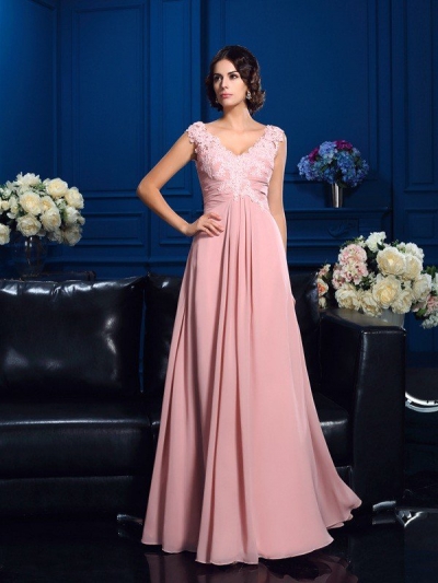 A-Line/Princess V-neck Applique Sleeveless Long Chiffon Mother of the Bride Dresses [60511]