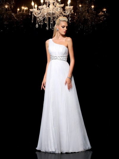 A-Line/Princess One-Shoulder Beading Sleeveless Long Organza Dresses [60558]