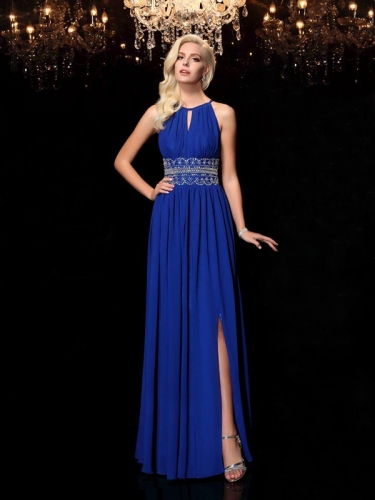 A-line/Princess Jewel Beading Sleeveless Long Chiffon Dresses