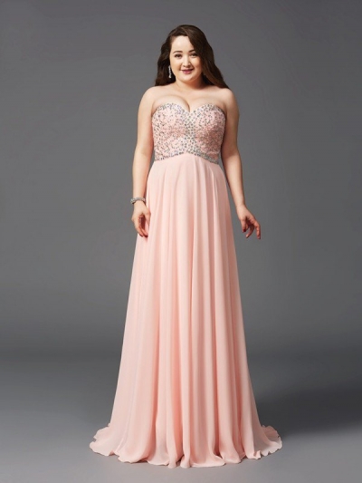 A-Line/Princess Sweetheart Beading Sleeveless Long Chiffon Plus Size Dresses