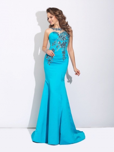 Trumpet/Mermaid Scoop Applique Sleeveless Long Satin Dresses