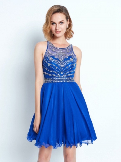 A-Line/Princess Sleeveless Scoop Beading Chiffon Short/Mini Dresses [63004]