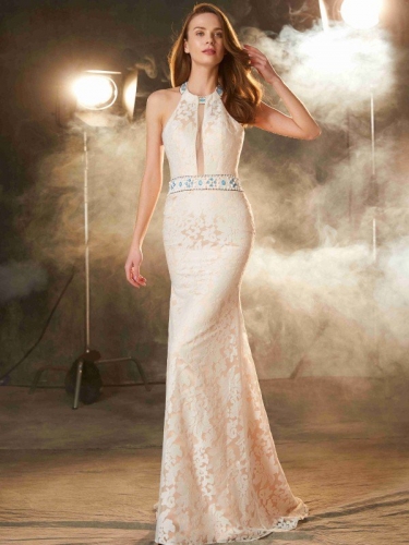 Sheath/Column Halter Sleeveless Floor-Length Lace Satin Dresses