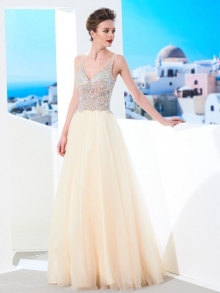 Ball Gown V-neck Sleeveless Beading Floor-length Tulle Dresses