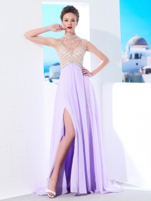 A-Line/Princess High Neck Sleeveless Sweep/Brush Train Crystal Chiffon Dresses