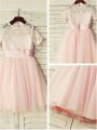 A-line/Princess Jewel Short Sleeves Lace Floor-Length Tulle Flower Girl Dresses