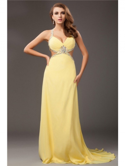 Sheath/Column Beading Halter Sleeveless Long Chiffon Dresses