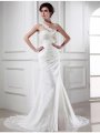 Trumpet/Mermaid Beading One-shoulder Sleeveless Lace Satin Long Wedding Dresses