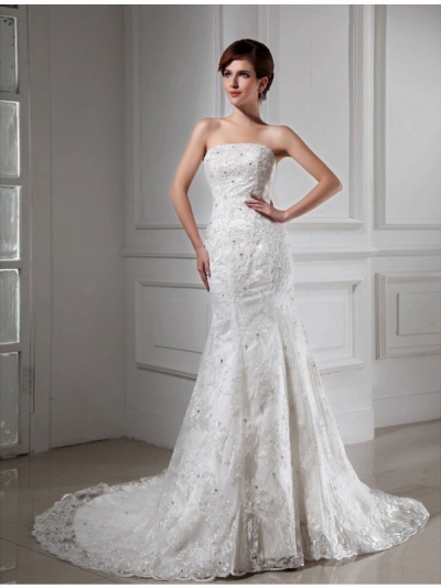 Trumpet/Mermaid Beading Strapless Sleeveless Lace Satin Wedding Dresses