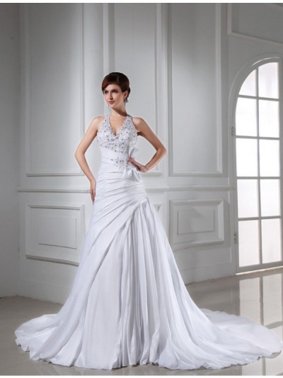 A-Line/Princess Beading Halter Sleeveless Long Taffeta Wedding Dresses [N13ZAYS565]