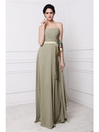 Sheath/Column Strapless Sleeveless Hand-Made Flower Pleats Long Chiffon Bridesmaid Dresses [N13ZYDRESS143]