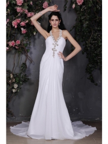 Sheath/Column Halter Sleeveless Beading Ruffles Long Chiffon Wedding Dresses