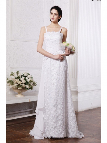 Sheath/Column Square Neck Sleeveless Ruffles Ruched Long Chiffon Net Wedding Dresses