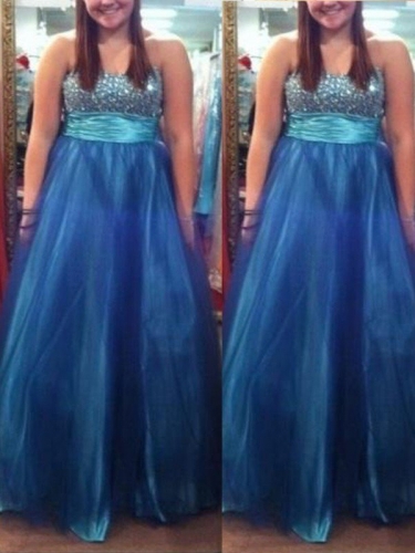 A-Line/Princess Sweetheart Sleeveless Beading Floor-Length Tulle Plus Size Dresses