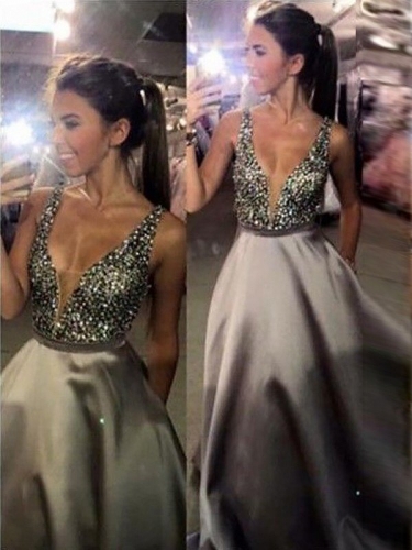 A-Line/Princess V-Neck Sleeveless Sweep/Brush Train Beading Satin Dresses