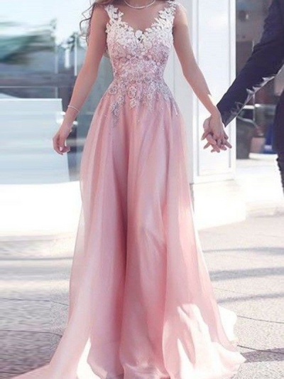 A-Line/Princess Sweetheart Sleeveless Floor-Length Applique Chiffon Dresses