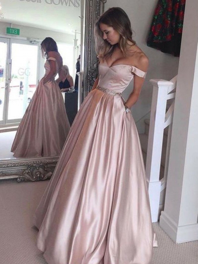 A-Line/Princess Off-the-Shoulder Sleeveless Sweep/Brush Train Satin Dresses [PO16033PO631]