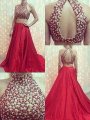 A-Line/Princess High Neck Sleeveless Satin Sweep/Brush Train Beading Two Piece Dresses