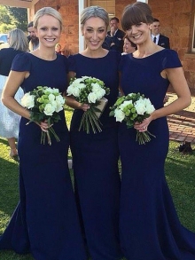 Sheath/Column Scoop Short Sleeves Floor-Length Satin Bridesmaid Dresses