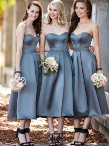 A-Line/Princess Sweetheart Sleeveless Tea-Length Satin Bridesmaid Dresses