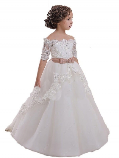 Ball Gown Off-the-Shoulder Short Sleeves Sash/Ribbon/Belt Tulle Flower Girl Dresses [PON1506EV818]