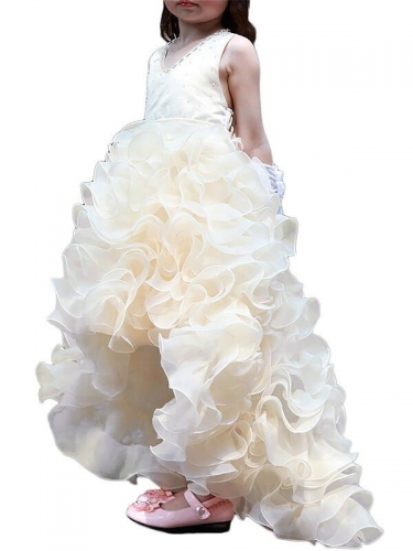 A-line/Princess V-neck Sleeveless Asymmetrical Organza Ruffles Flower Girl Dresses