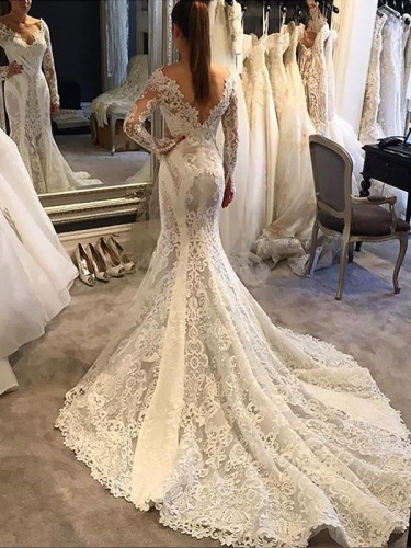 Trumpet/Mermaid V-neck Long Sleeves Court Train Lace Wedding Dresses