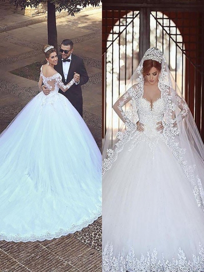 Ball Gown Tulle Long Sleeves Off-the-Shoulder Court Train Wedding Dresses