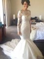 A-Line/Princess Bateau Long Sleeves Tulle Court Train Applique Wedding Dresses