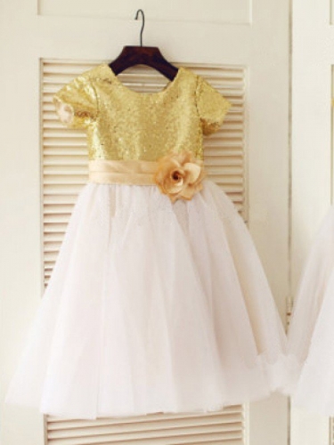 A-line/Princess Scoop Short Sleeves Sequin Long Tulle Dresses