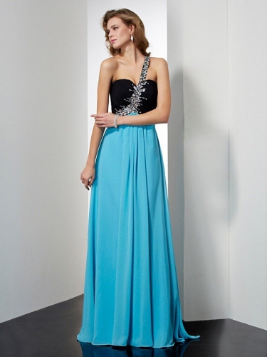 A-Line/Princess Sleeveless One-Shoulder Beading Long Chiffon Dresses