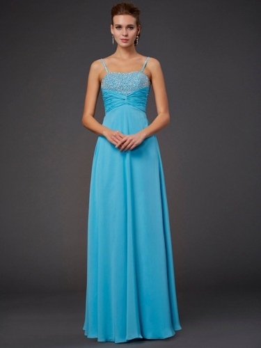 A-Line/Princess Spaghetti Straps Sleeveless Beading Long Chiffon Dresses