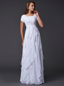 Sheath/Column Square Short Sleeves Ruffles Long Chiffon Dresses