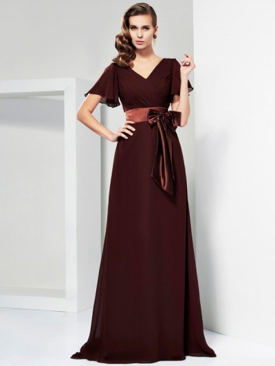 A-Line/Princess V-neck Short Sleeves Sash/Ribbon/Belt Long Chiffon Mother of the Bride Dresses