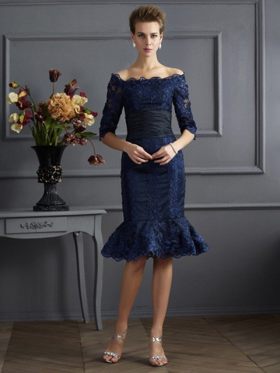 Sheath/Column Off the Shoulder 3/4 Sleeves Short Taffeta Mother of the Bride Dresses