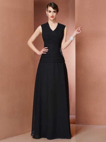 A-Line/Princess V-neck Sleeveless Beading Long Chiffon Dresses