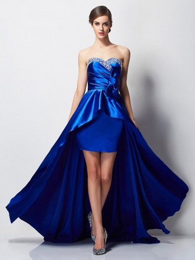 A-Line/Princess Sweetheart Sleeveless Beading High Low Elastic Woven Satin Dresses