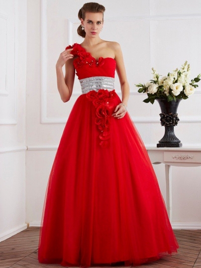 Ball Gown One-Shoulder Sleeveless Hand-Made Flower Long Net Quinceanera Dresses [40615]