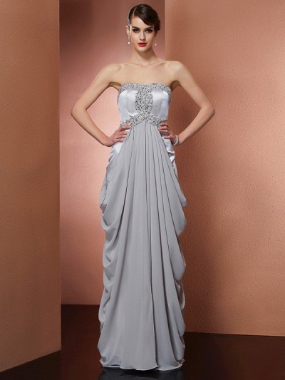 Sheath/Column Strapless Sleeveless Beading Long Chiffon Dresses