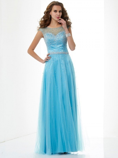 Sheath/Column High Neck Sleeveless Beading Long Net Dresses