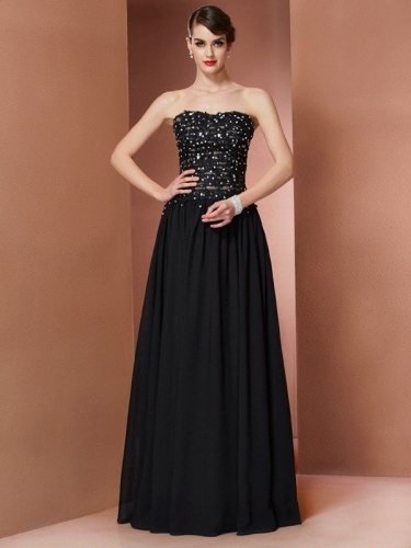 A-Line/Princess Strapless Sleeveless Beading Long Chiffon Dresses