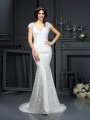 Trumpet/Mermaid V-neck Lace Sleeveless Long Lace Wedding Dresses