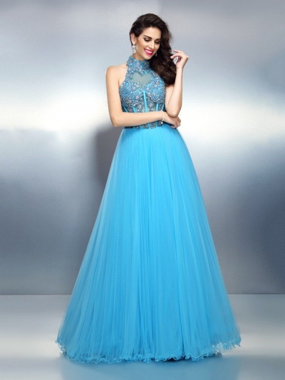 A-Line/Princess High Neck Beading Sleeveless Long Satin Dresses [50299]