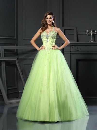 Ball Gown Halter Beading Sleeveless Long Satin Quinceanera Dresses [50723]