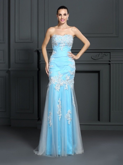 Trumpet/Mermaid Strapless Applique Sleeveless Long Elastic Woven Satin Dresses [50742]