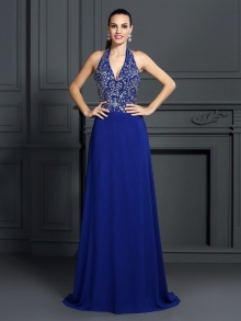 A-Line/Princess Halter Applique Sleeveless Long Chiffon Dresses