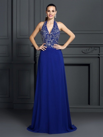 A-Line/Princess Halter Applique Sleeveless Long Chiffon Dresses [50749]