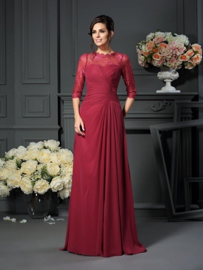 A-Line/Princess Scoop Applique 1/2 Sleeves Long Chiffon Mother of the Bride Dresses [50865]